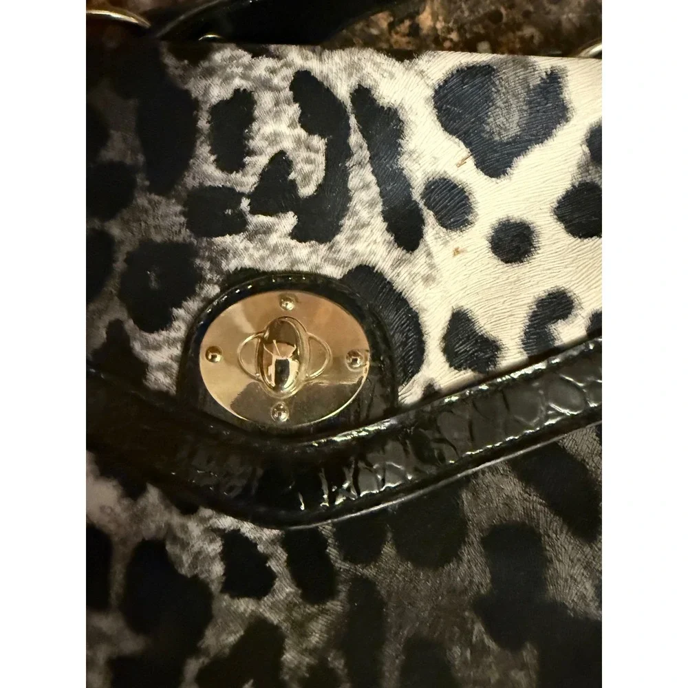 Grey Leopard Print Handbag Croc Embossed Trim Turn Lock Shoulder Bag